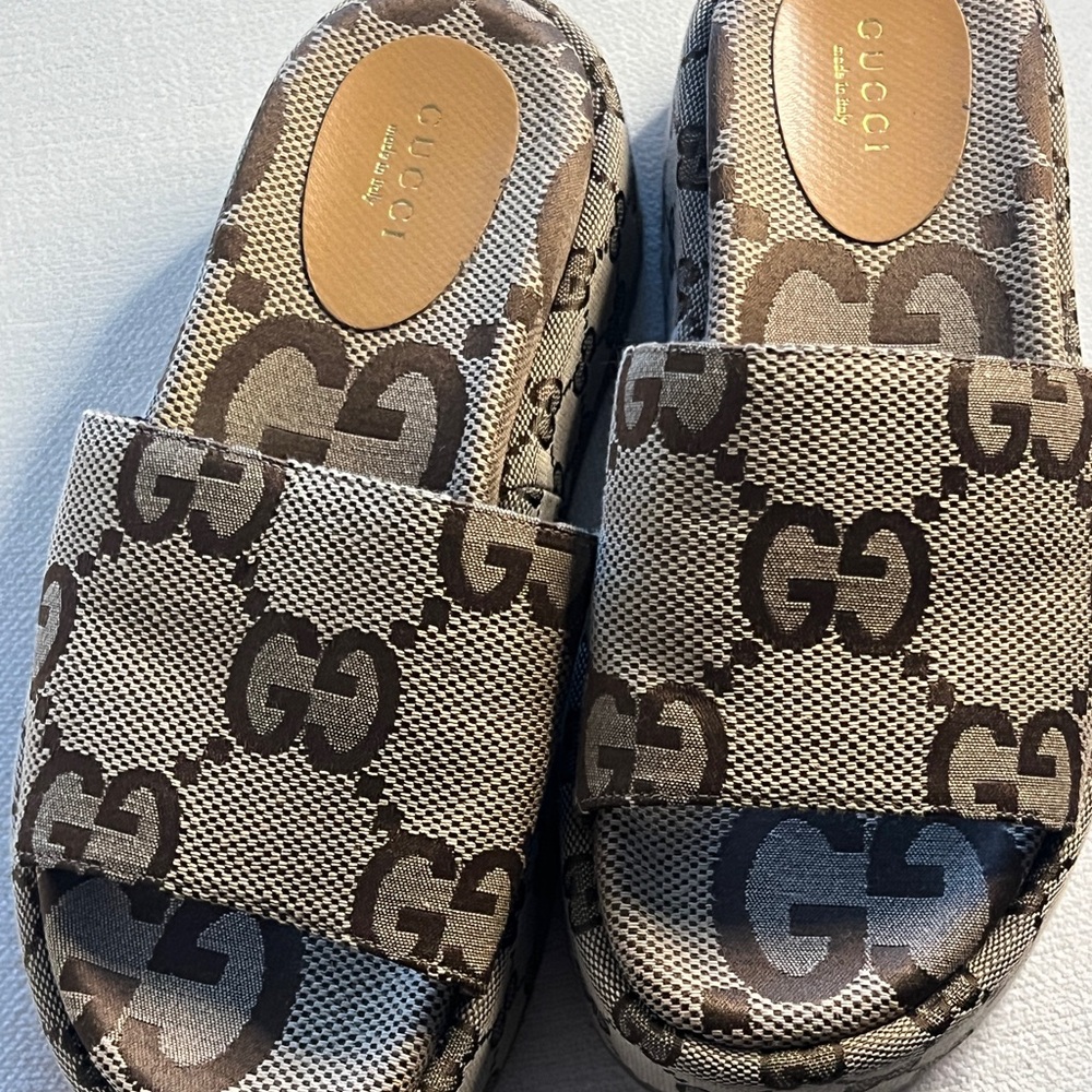 Gucci Tan Monogram Platform Slides - image 5